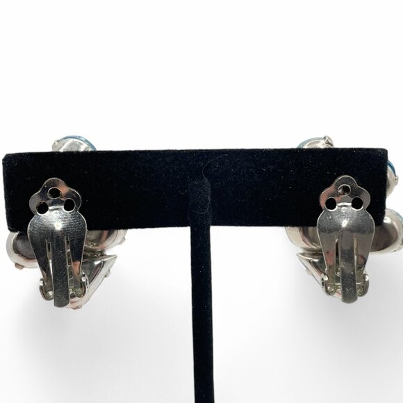 Vintage Blue and AB Rhinestone Clip-On Earrings Large Stones Prong Set Silver - Picture 7 of 10